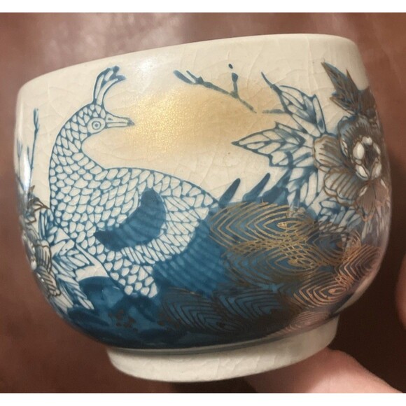 2 Vintage Kutani Japanese Tea cups peacock gold Teal Blues 3x3 Asian Art ceramic - Picture 10 of 16